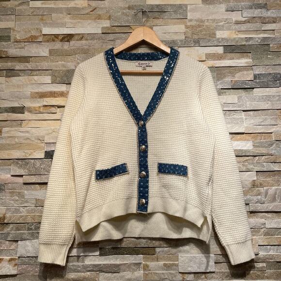 Nanette Lepore M Cardigan NWOT | Cream Knit, Denim Sequin Trim, Gold Buttons - Picture 5 of 9